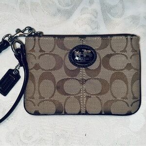 Coach Signature Canvas Wristlet – Brown/Tan with Leather Trim‎